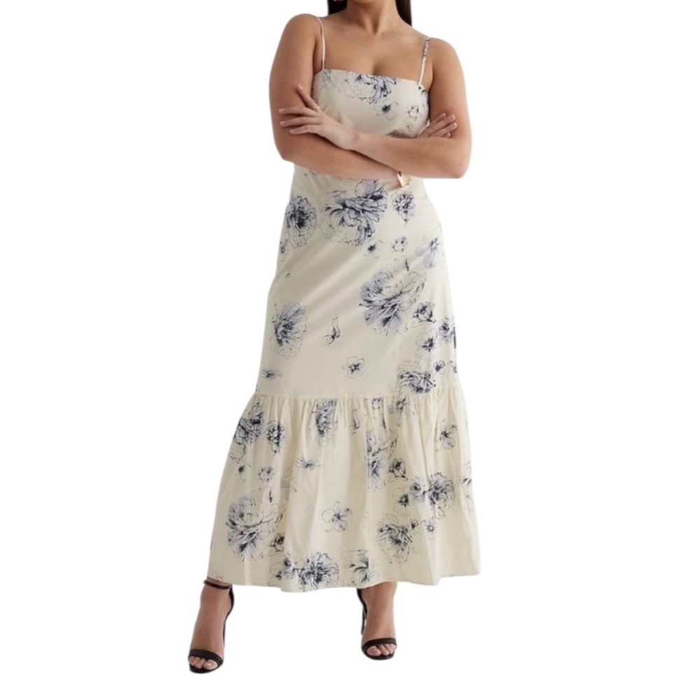 Express Cream and Blue Floral squared neck tiered spaghetti strap Maxi Dress